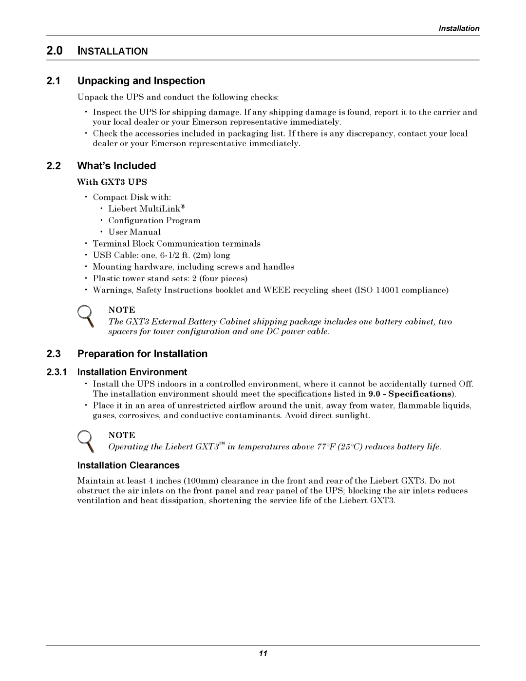 Emerson 208V, GXT3 user manual Unpacking and Inspection, What’s Included, Preparation for Installation 