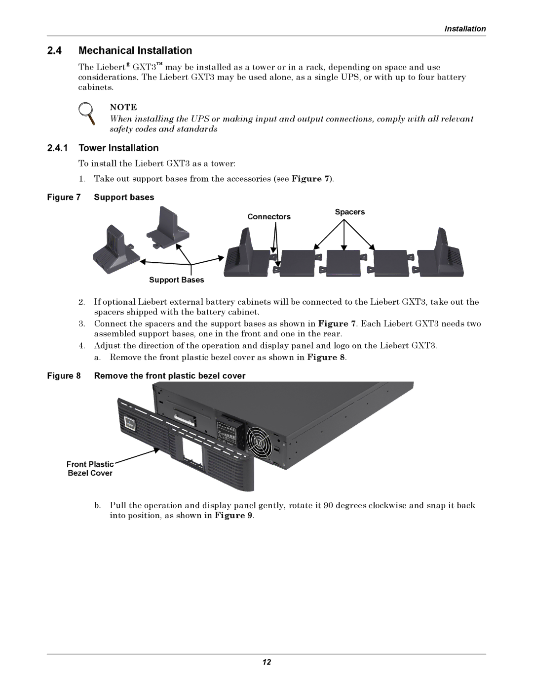 Emerson GXT3 Mechanical Installation, Tower Installation, Connectors Spacers Support Bases, Front Plastic Bezel Cover 