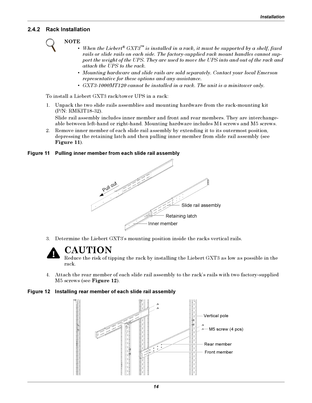 Emerson GXT3, 208V user manual Rack Installation, Pulling inner member from each slide rail assembly 