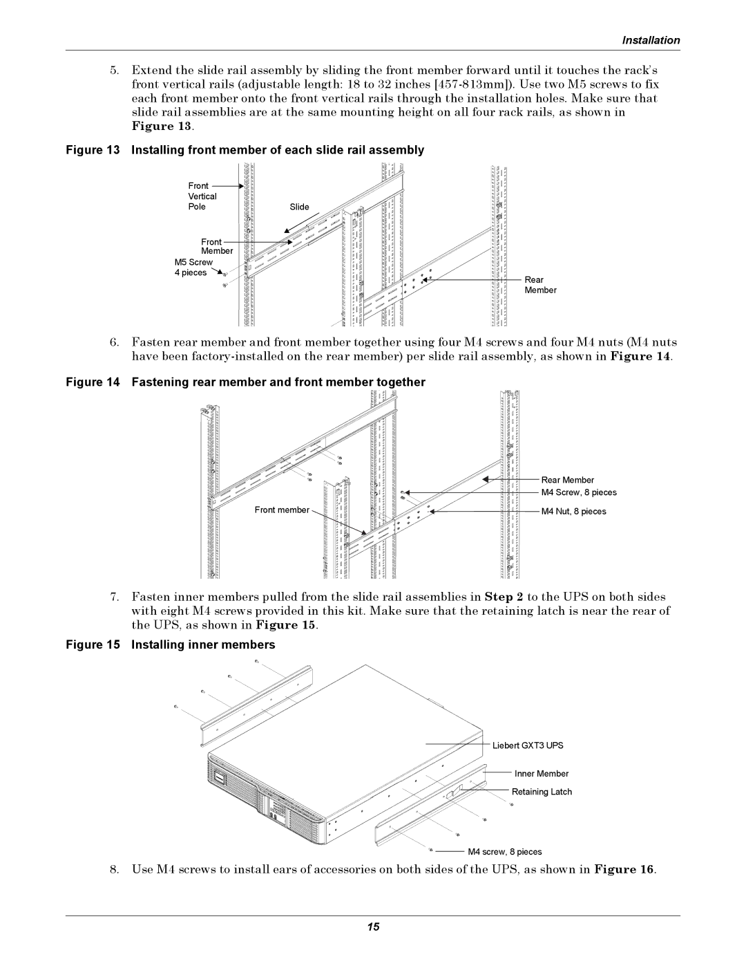 Emerson 208V, GXT3 user manual Installing front member of each slide rail assembly 