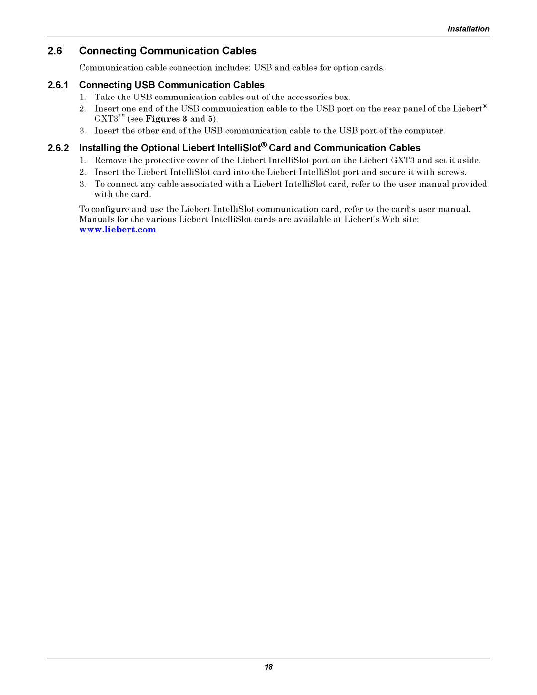 Emerson GXT3, 208V user manual Connecting Communication Cables, Connecting USB Communication Cables 