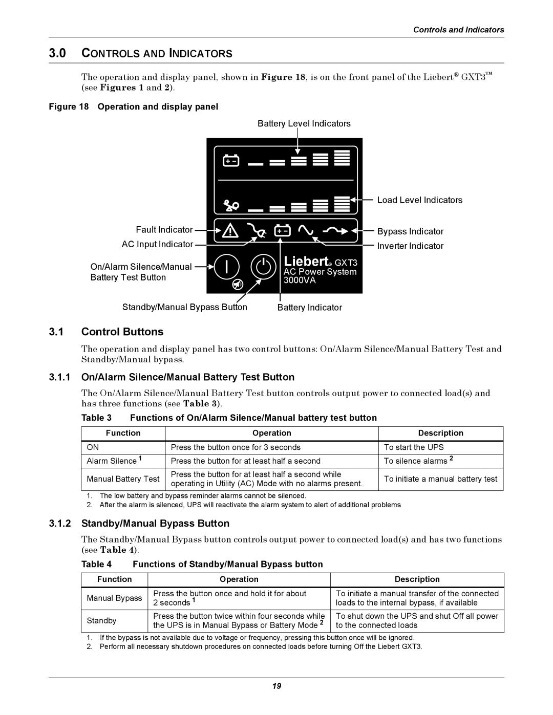 Emerson 208V, GXT3 user manual Control Buttons, Controls and Indicators, 1 On/Alarm Silence/Manual Battery Test Button 