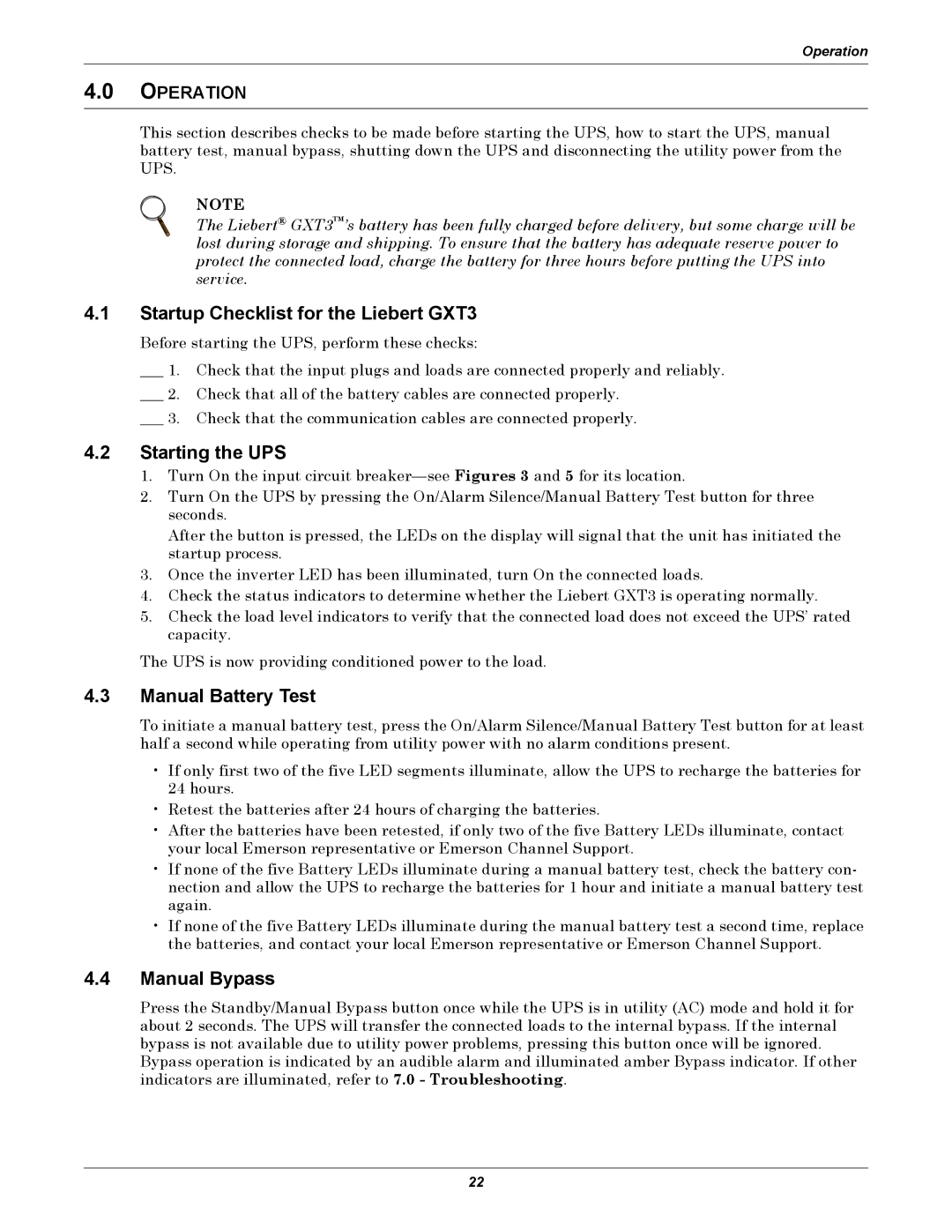 Emerson 208V Startup Checklist for the Liebert GXT3, Starting the UPS, Manual Battery Test, Manual Bypass, Operation 