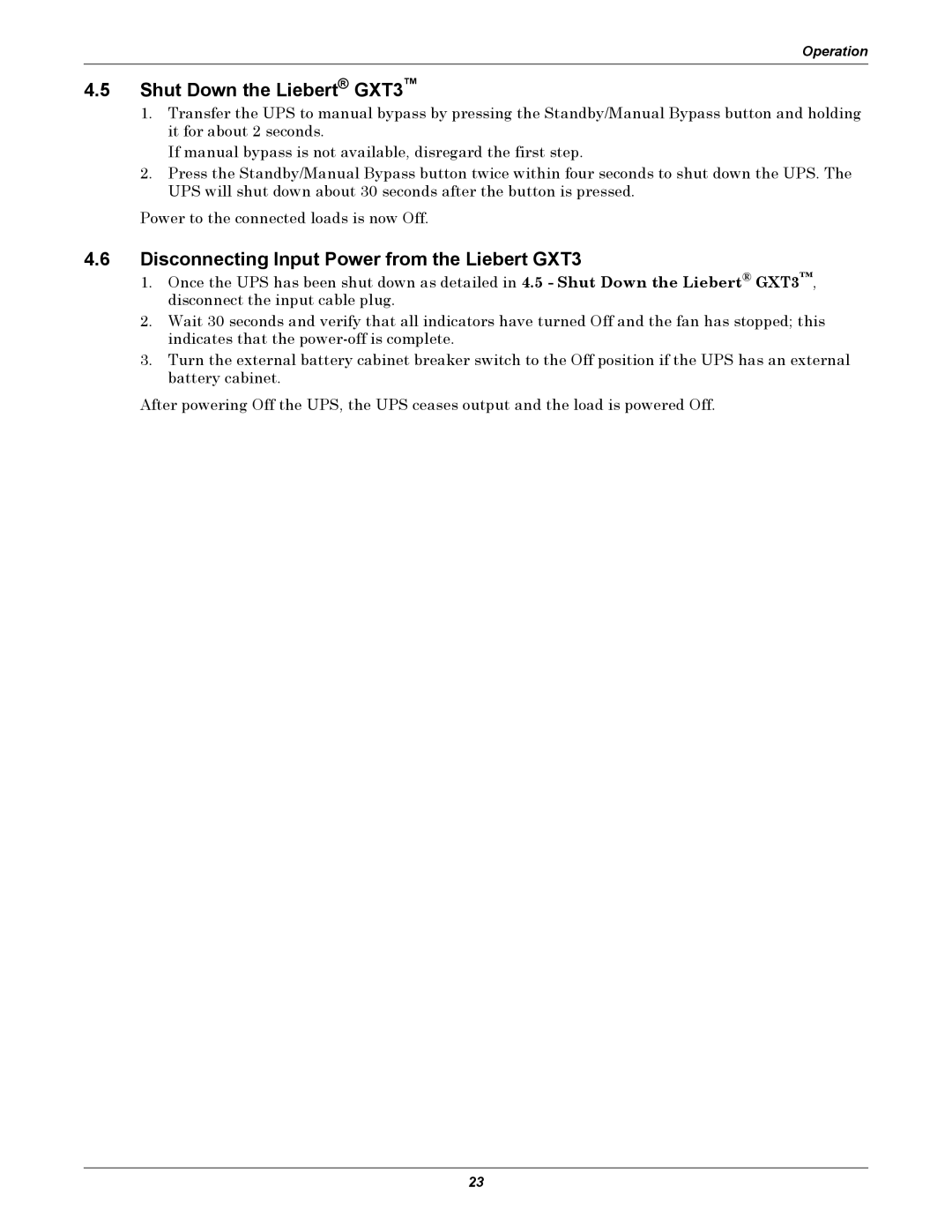 Emerson 208V user manual Shut Down the Liebert GXT3, Disconnecting Input Power from the Liebert GXT3 