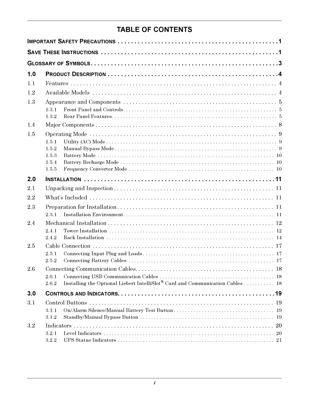 Emerson 208V, GXT3 user manual Table of Contents 