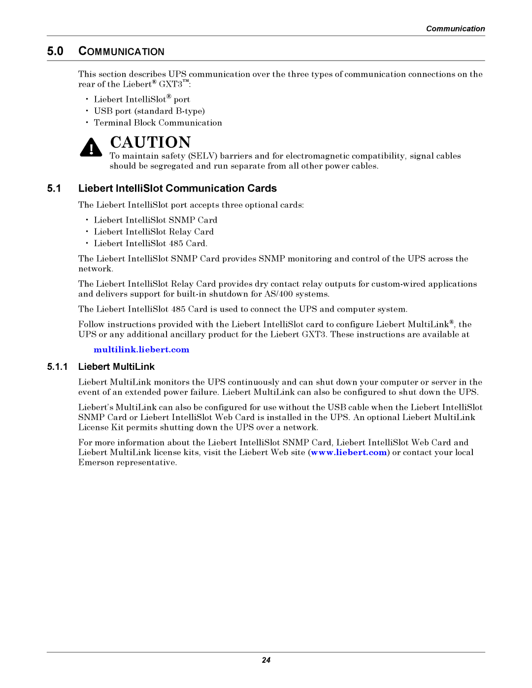 Emerson GXT3, 208V user manual Liebert IntelliSlot Communication Cards, Liebert MultiLink 