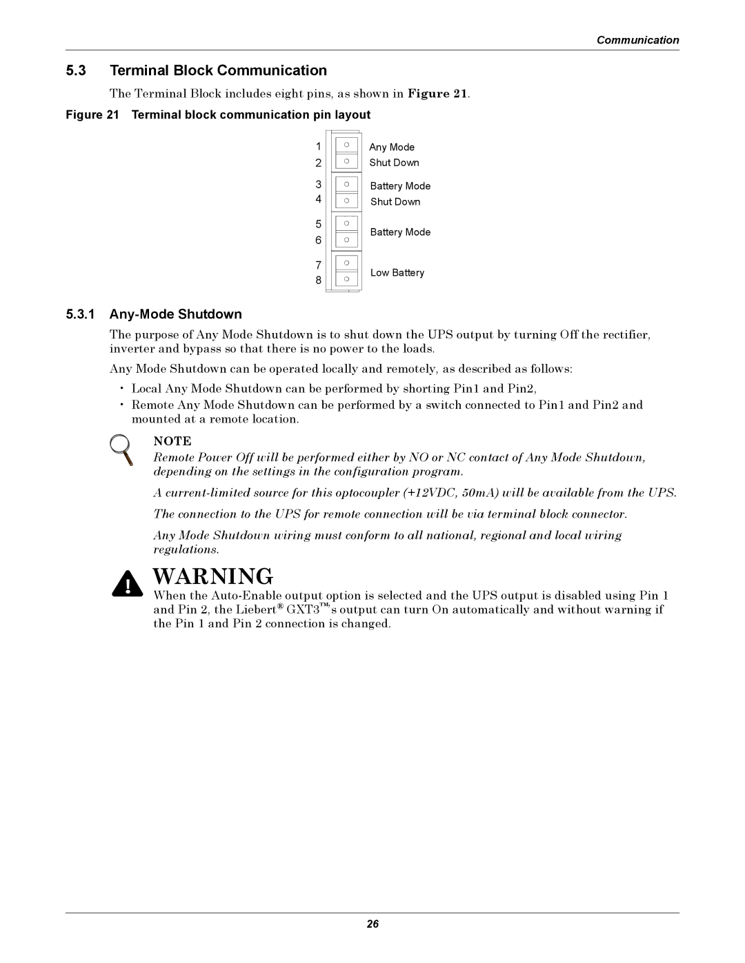 Emerson GXT3, 208V user manual Terminal Block Communication, Any-Mode Shutdown 