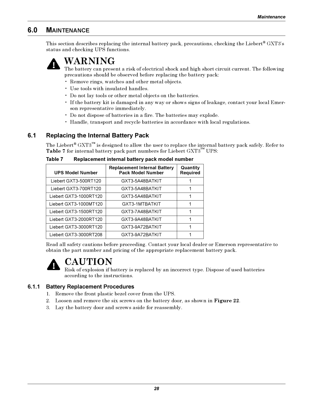 Emerson GXT3, 208V user manual Replacing the Internal Battery Pack, Maintenance, Battery Replacement Procedures 