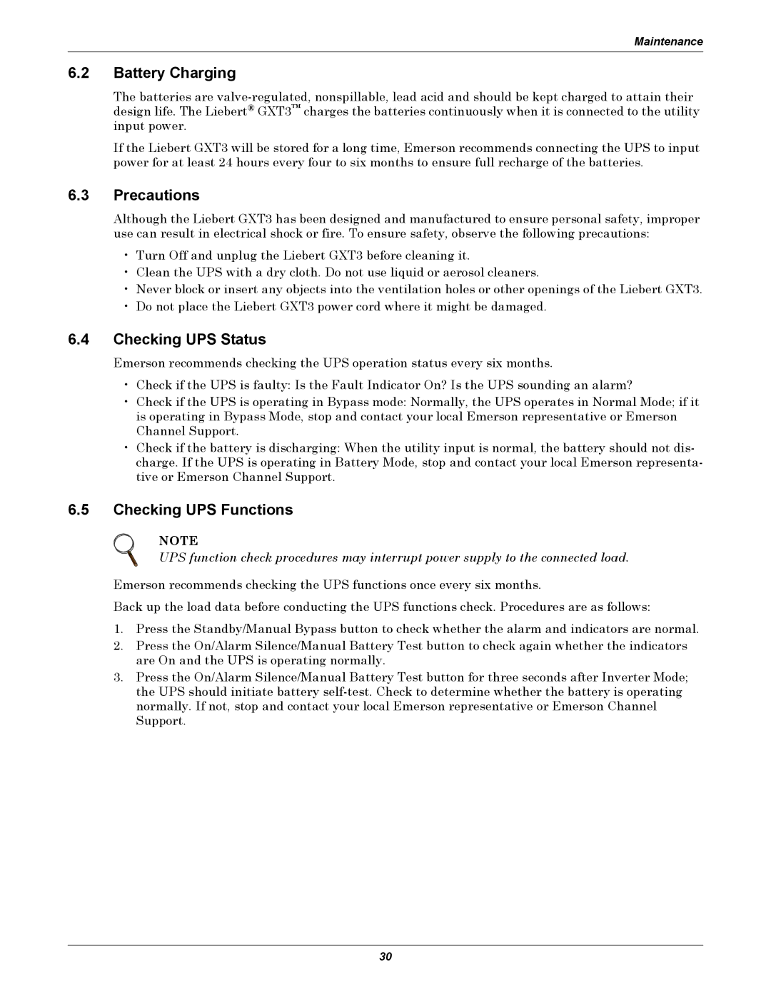 Emerson GXT3, 208V user manual Battery Charging, Precautions, Checking UPS Status, Checking UPS Functions 