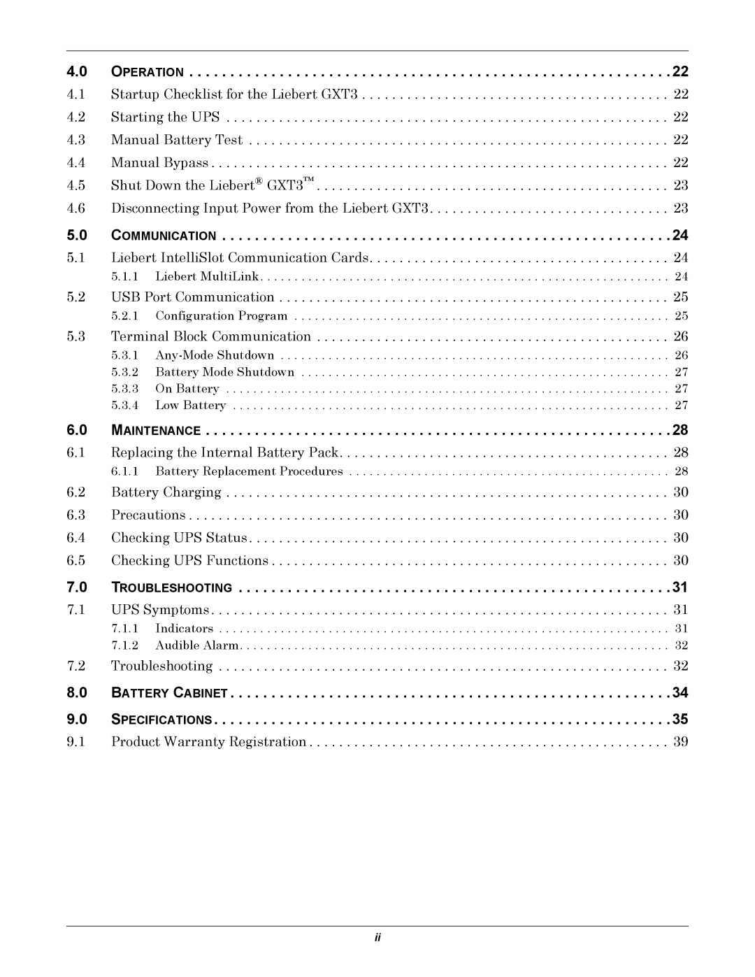 Emerson GXT3, 208V user manual Operation, Communication, Maintenance, Troubleshooting 