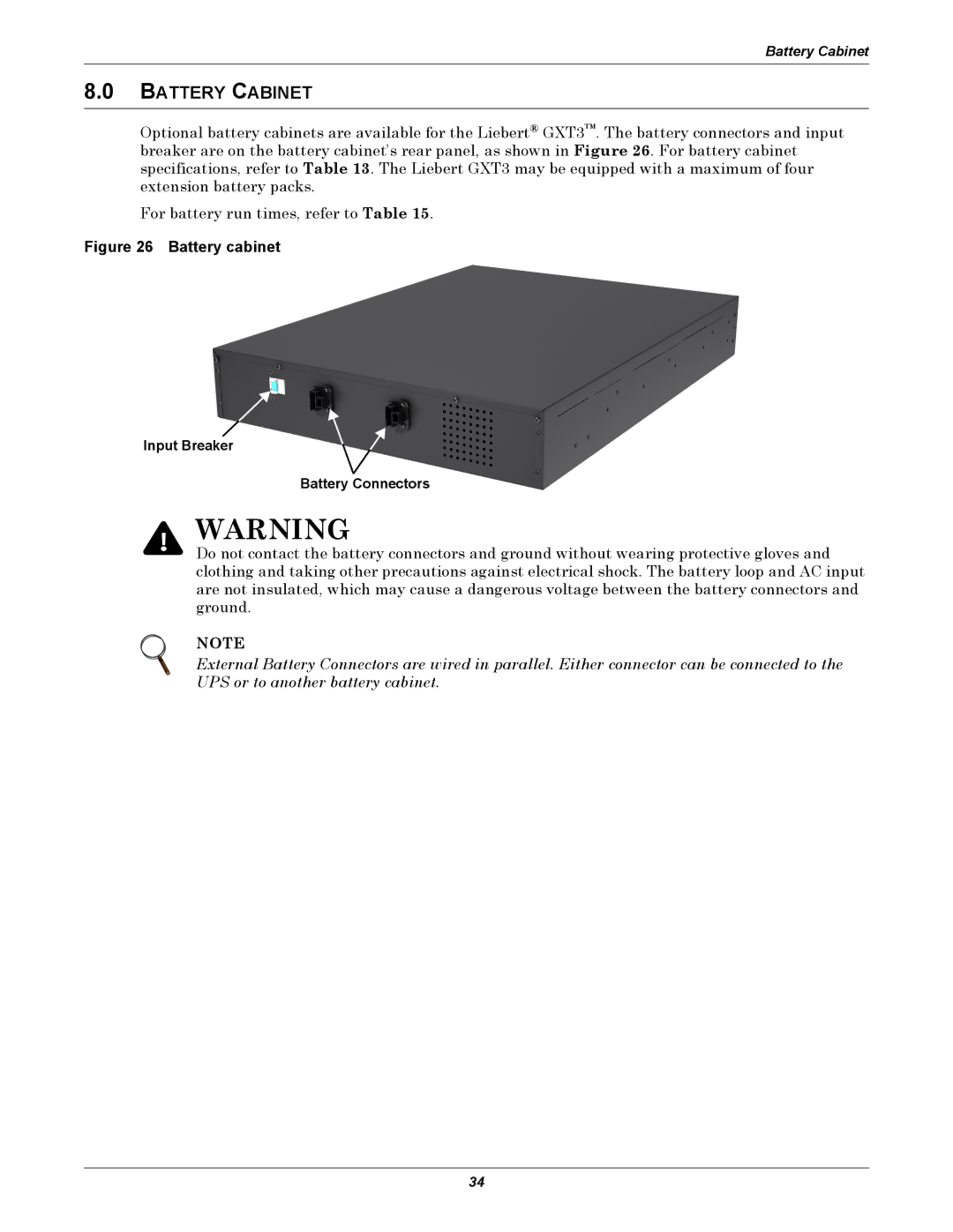 Emerson GXT3, 208V user manual Battery Cabinet, Input Breaker Battery Connectors 