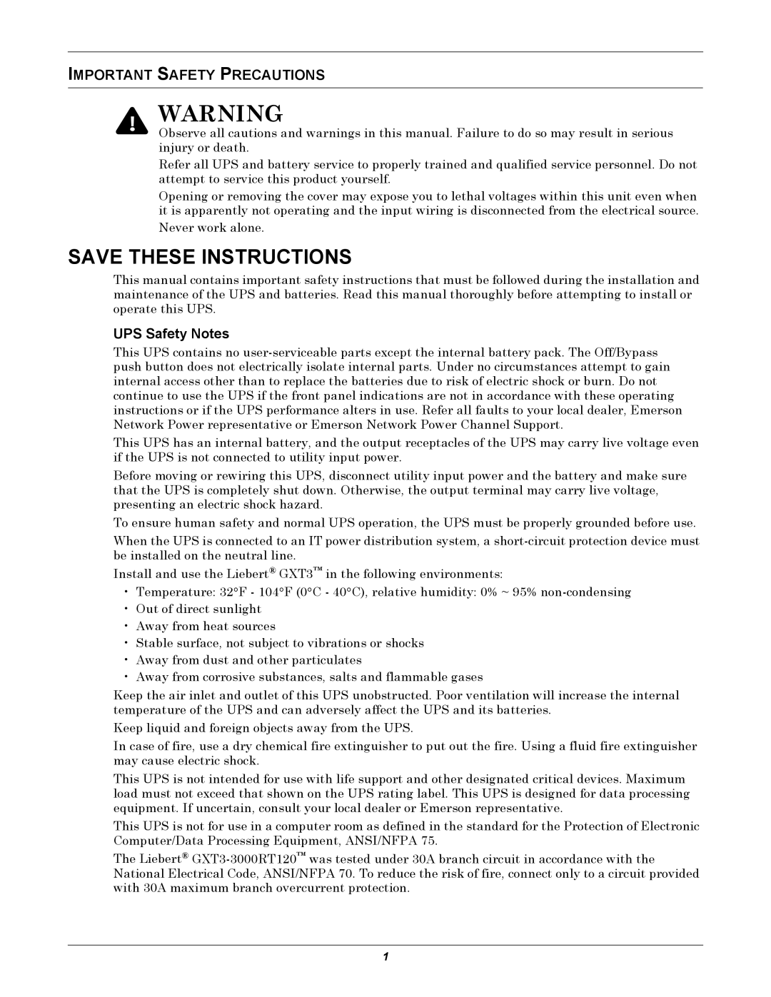 Emerson 208V, GXT3 user manual Important Safety Precautions, UPS Safety Notes 