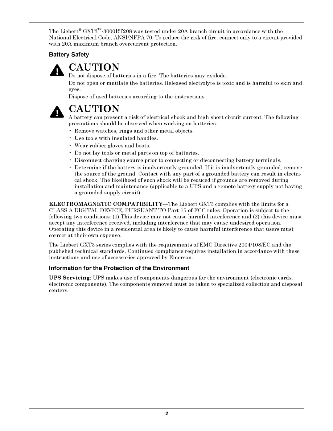 Emerson GXT3, 208V user manual Battery Safety, Information for the Protection of the Environment 