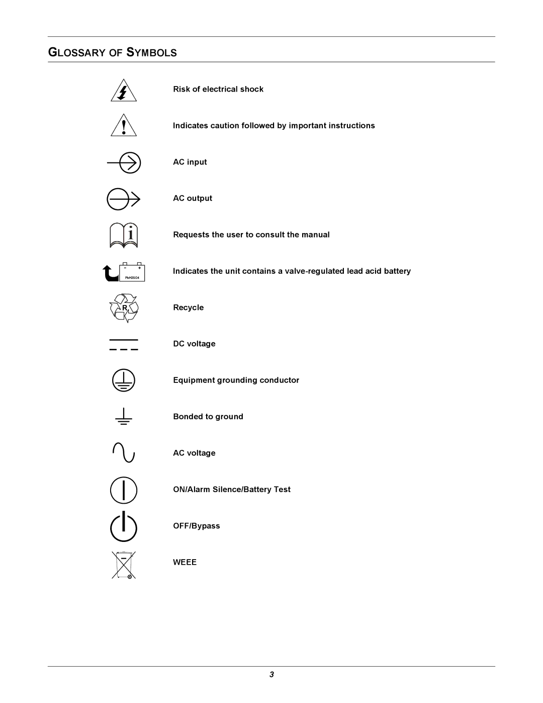 Emerson 208V, GXT3 user manual Glossary of Symbols 