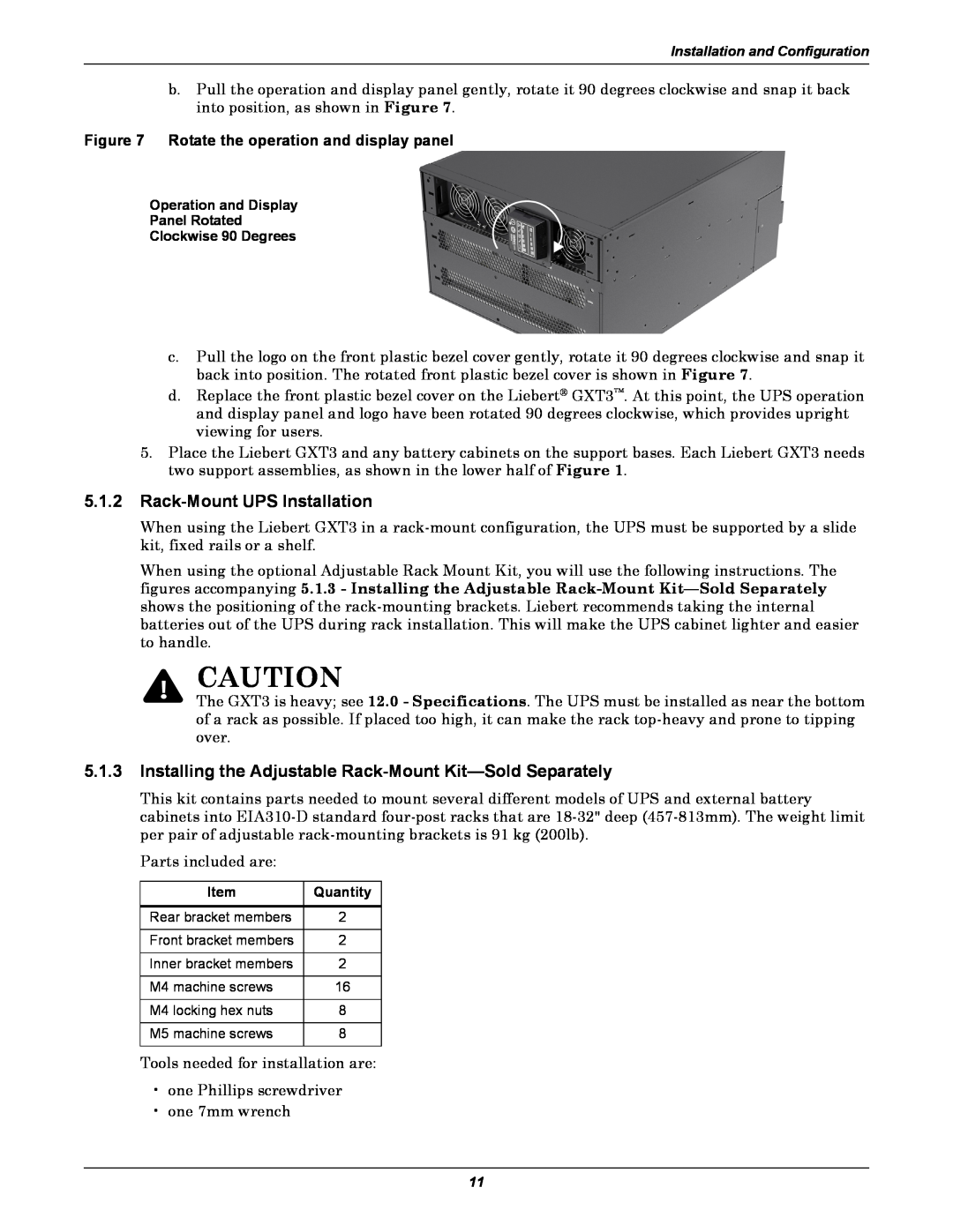 Emerson GXT3 230V user manual 5.1.2Rack-MountUPS Installation, Rotate the operation and display panel 