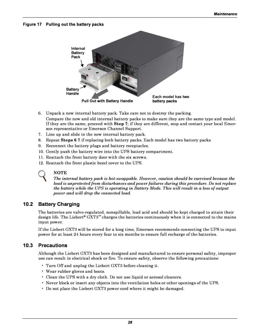 Emerson GXT3 230V user manual 10.2Battery Charging, 10.3Precautions, Pulling out the battery packs 