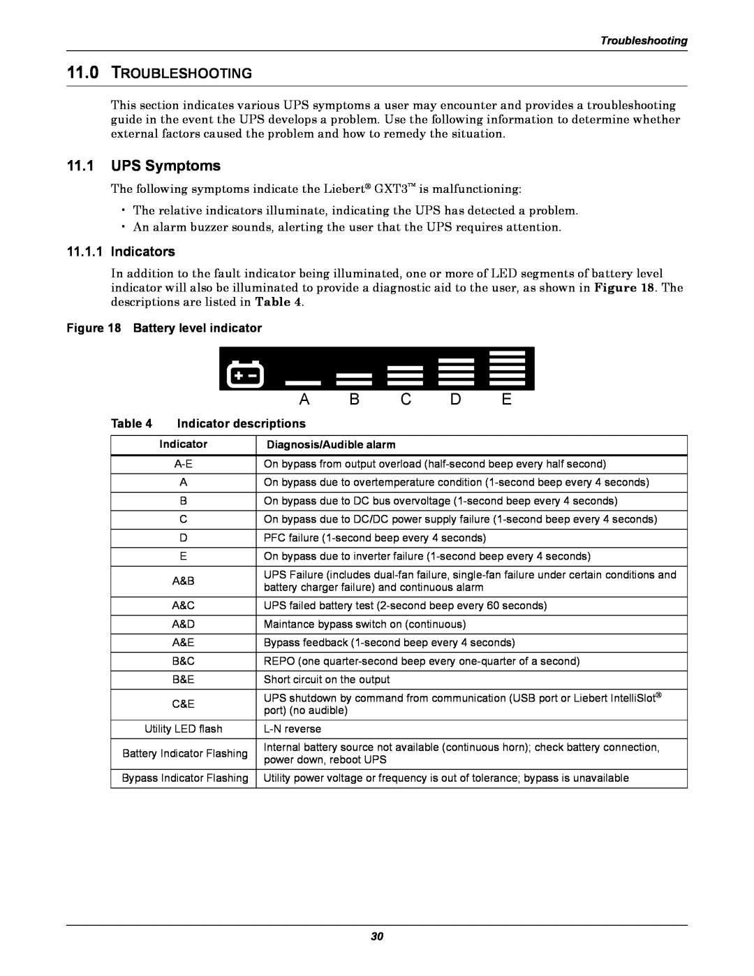 Emerson GXT3 230V user manual 11.0TROUBLESHOOTING, 11.1.1Indicators, Battery level indicator, Table, Indicator descriptions 