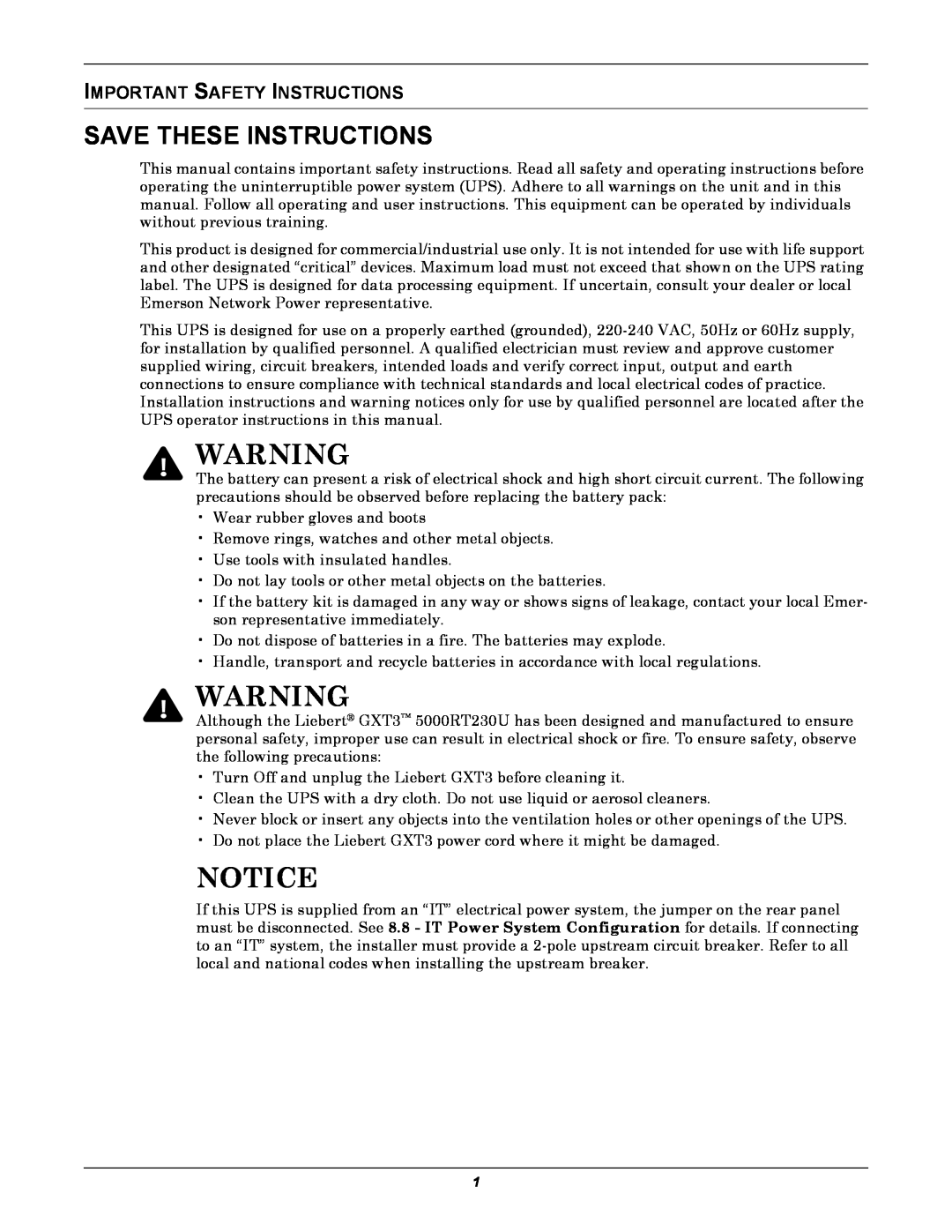 Emerson GXT3 230V user manual Notice, Save These Instructions, Important Safety Instructions 