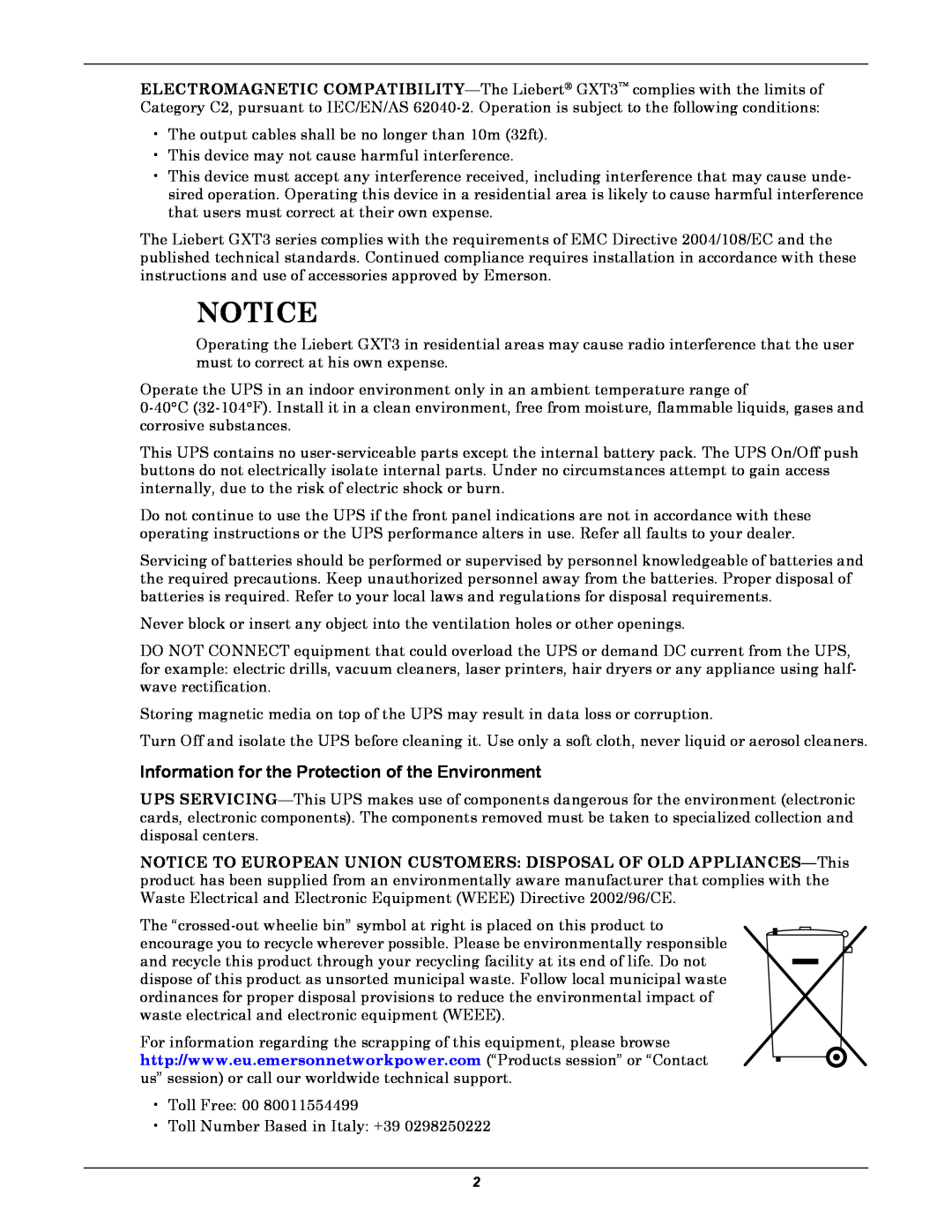 Emerson GXT3 230V user manual Notice, Information for the Protection of the Environment 