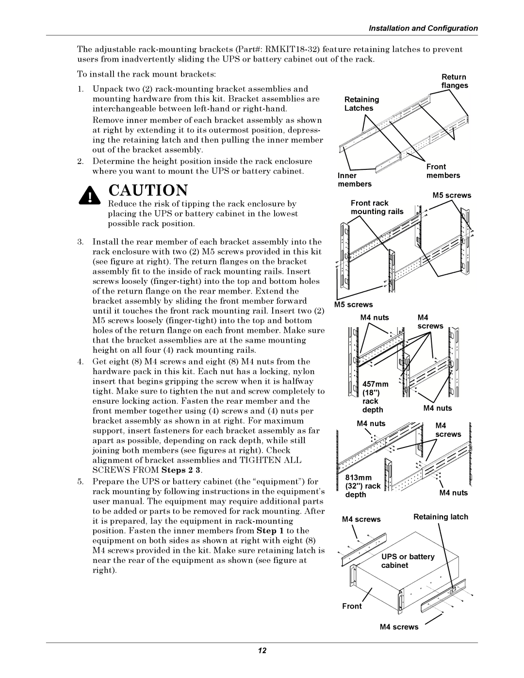 Emerson GXT3 230V user manual 813mm, Depth, Retaining latch, UPS or battery, Cabinet, Front M4 screws 