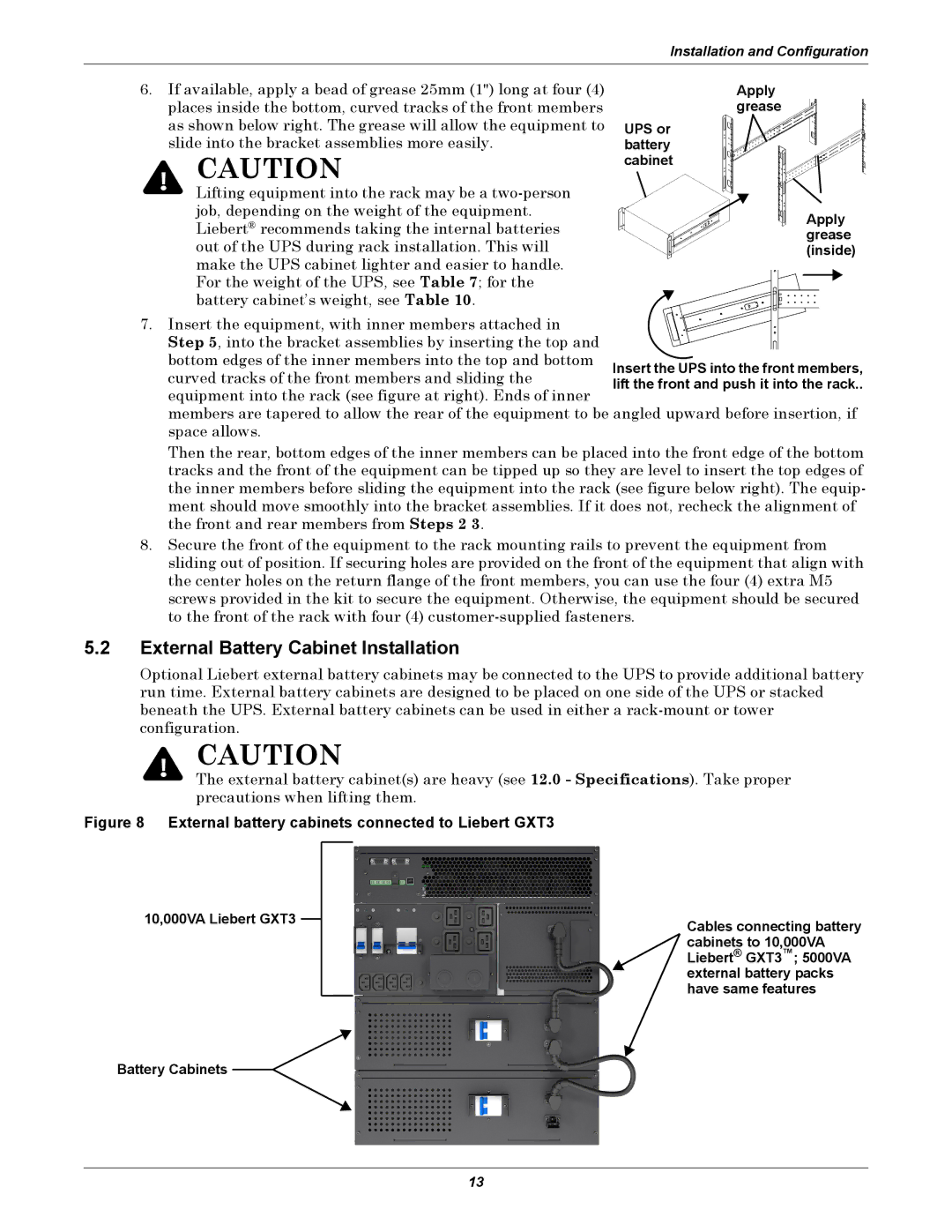 Emerson GXT3 230V user manual External Battery Cabinet Installation, UPS or battery cabinet Apply grease 