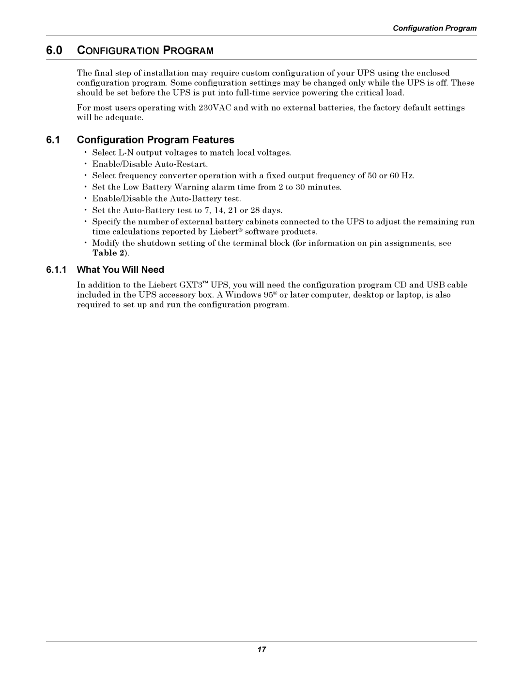 Emerson GXT3 230V user manual Configuration Program Features, What You Will Need 