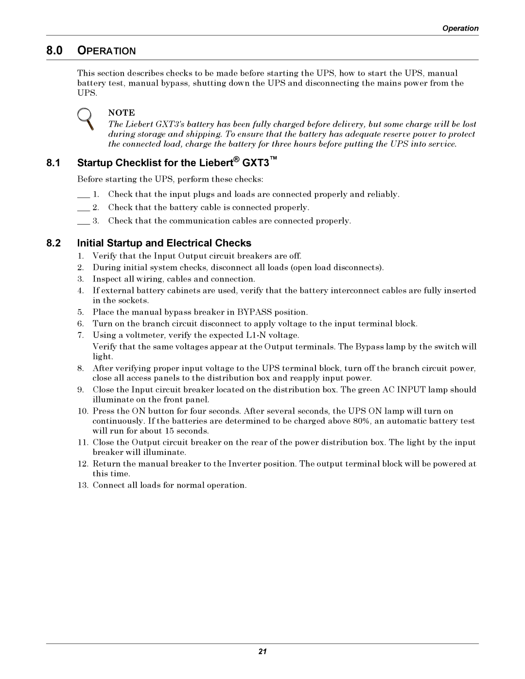 Emerson GXT3 230V user manual Startup Checklist for the Liebert GXT3, Initial Startup and Electrical Checks, Operation 