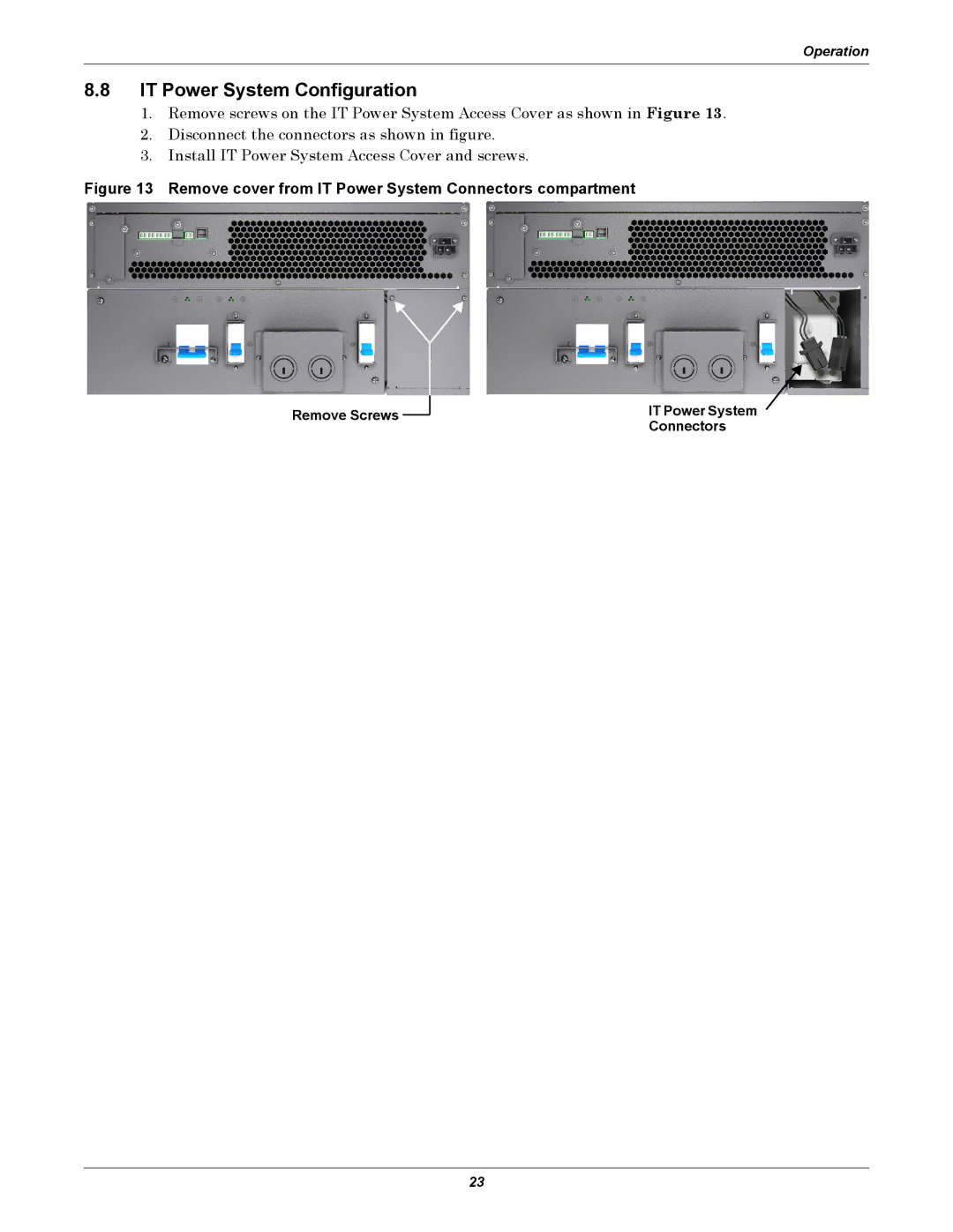 Emerson GXT3 230V user manual IT Power System Configuration, Remove Screws IT Power System Connectors 