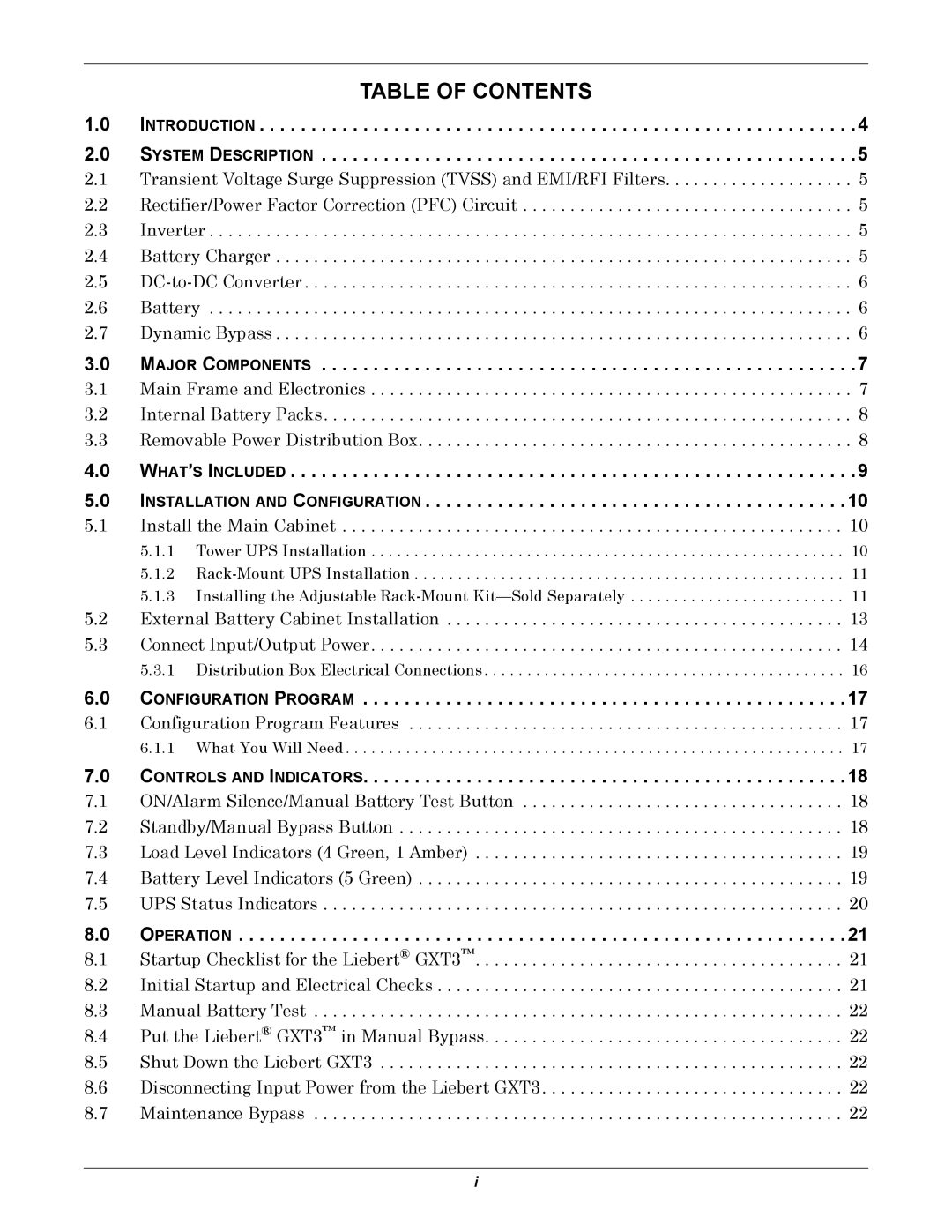 Emerson GXT3 230V user manual Table of Contents 