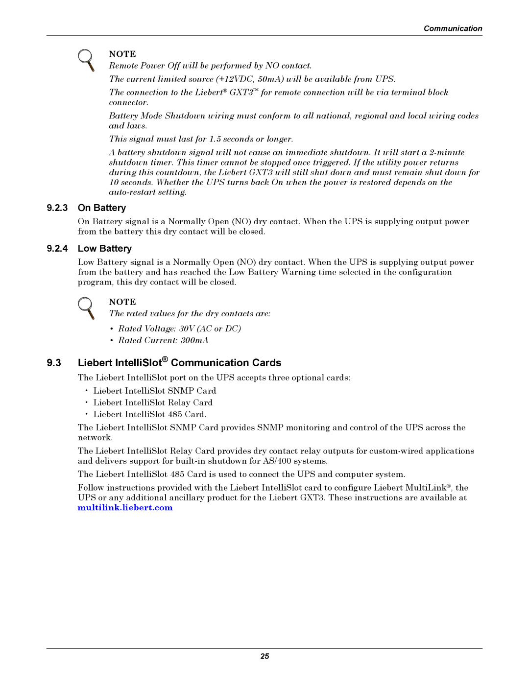 Emerson GXT3 230V user manual Liebert IntelliSlot Communication Cards, On Battery, Low Battery 