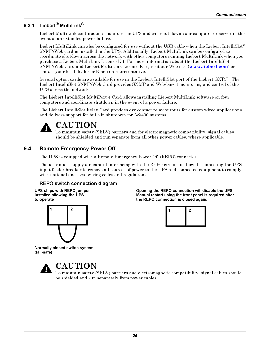 Emerson GXT3 230V user manual Remote Emergency Power Off, Liebert MultiLink, Repo switch connection diagram 