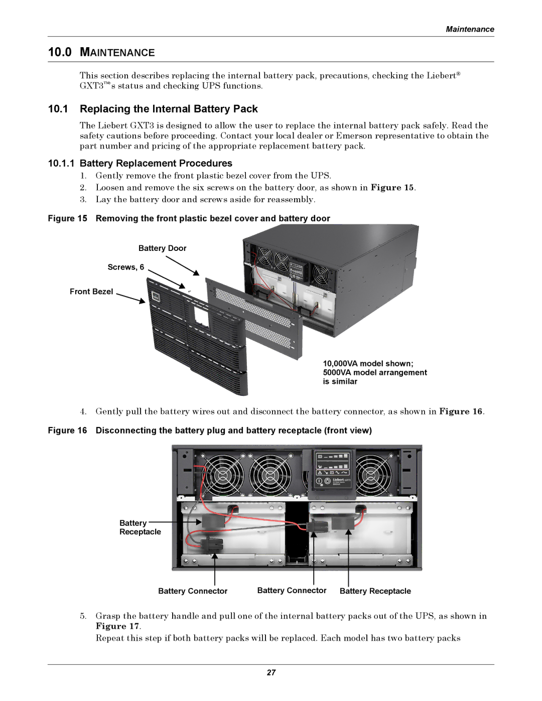 Emerson GXT3 230V user manual Replacing the Internal Battery Pack, Maintenance, Battery Replacement Procedures 