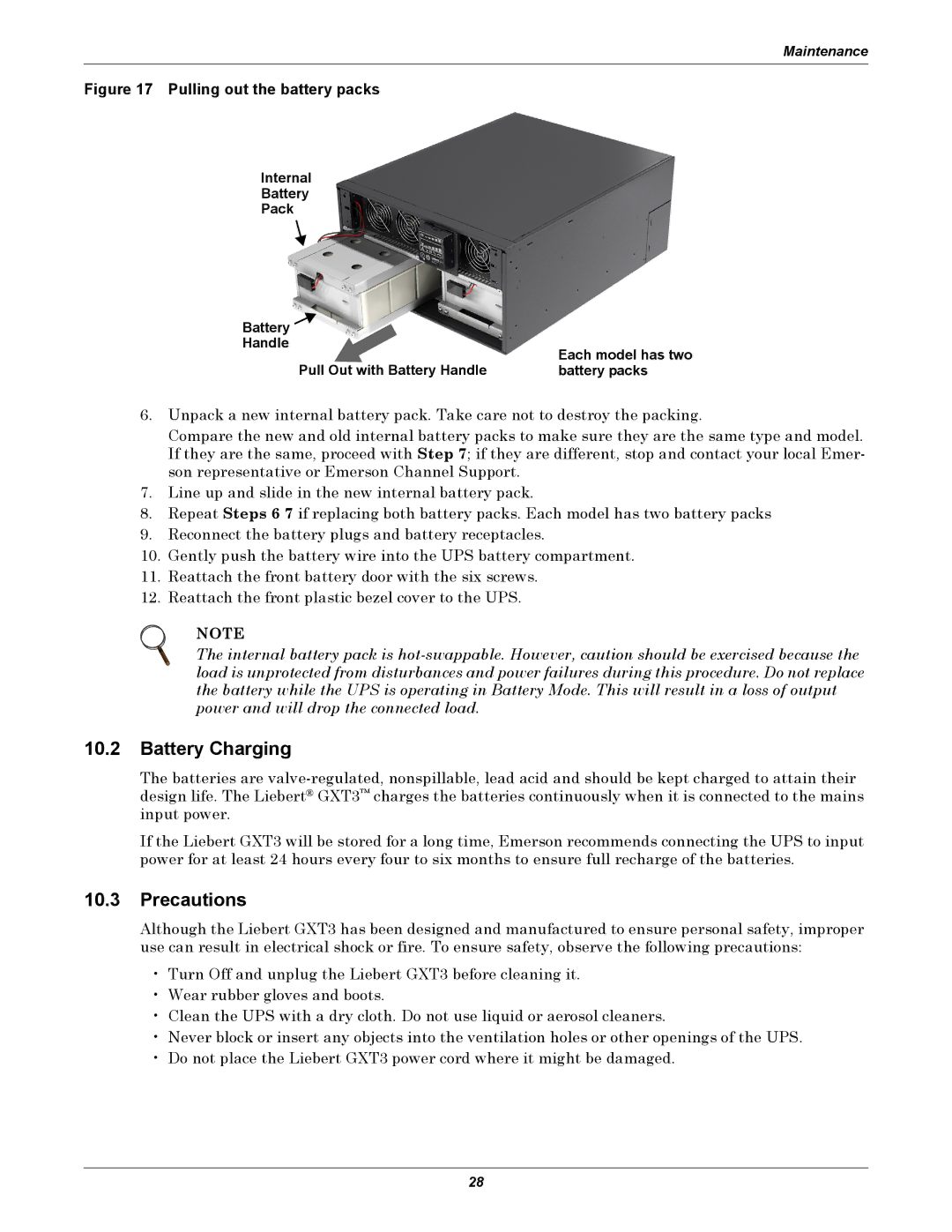 Emerson GXT3 230V user manual Battery Charging, Precautions 