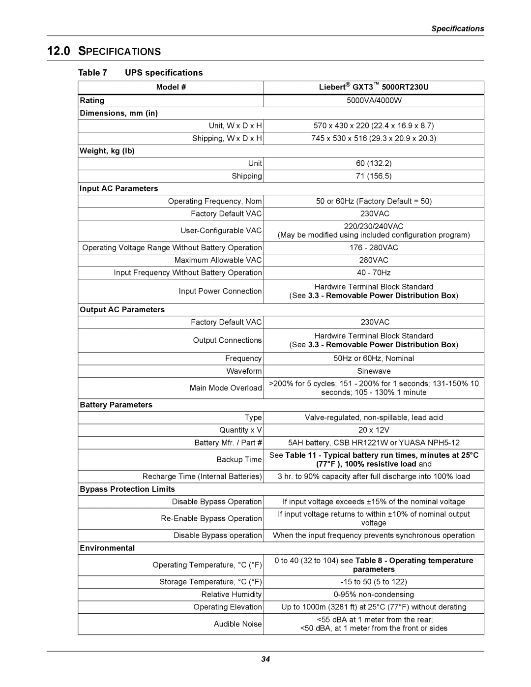 Emerson GXT3 230V user manual Specifications, UPS specifications 