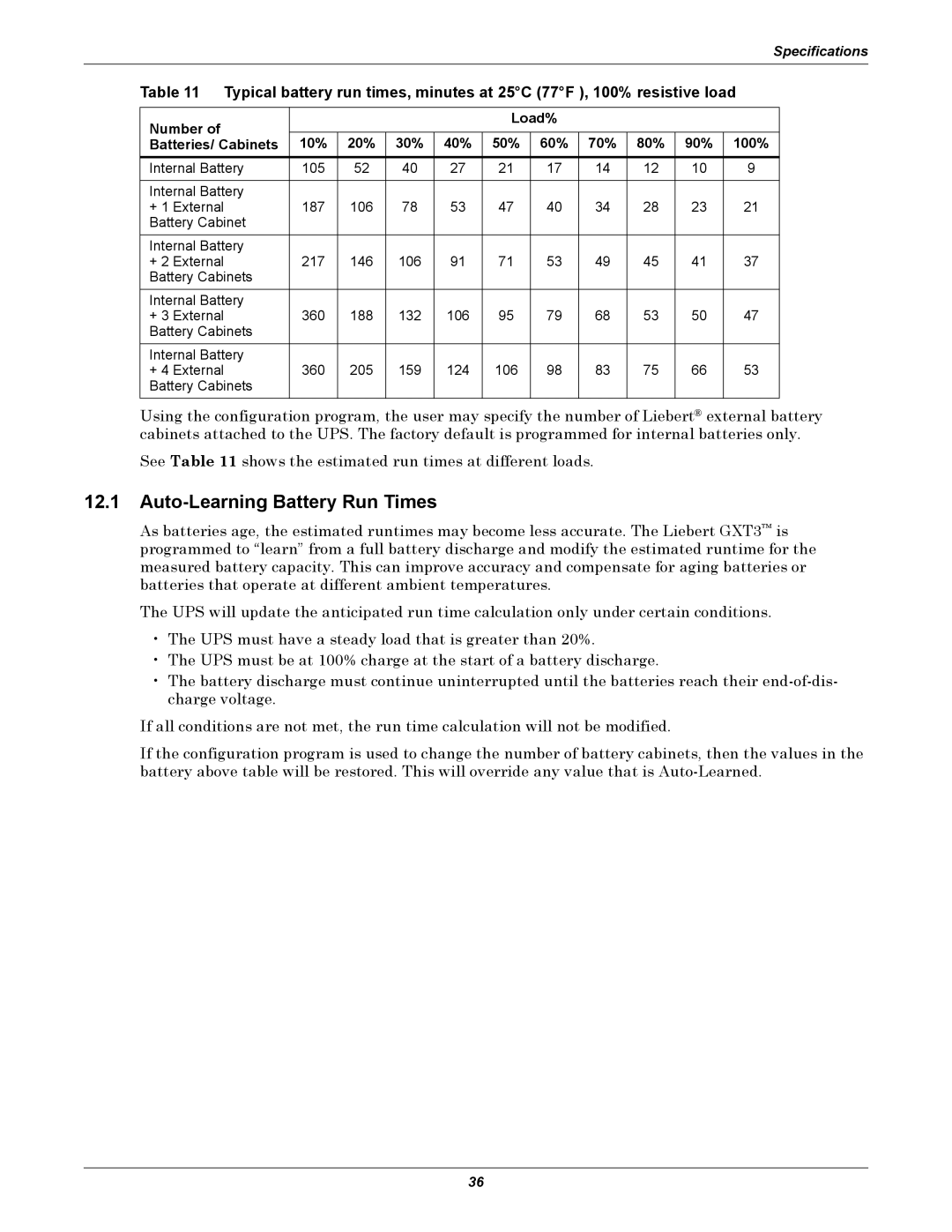 Emerson GXT3 230V user manual Auto-Learning Battery Run Times 