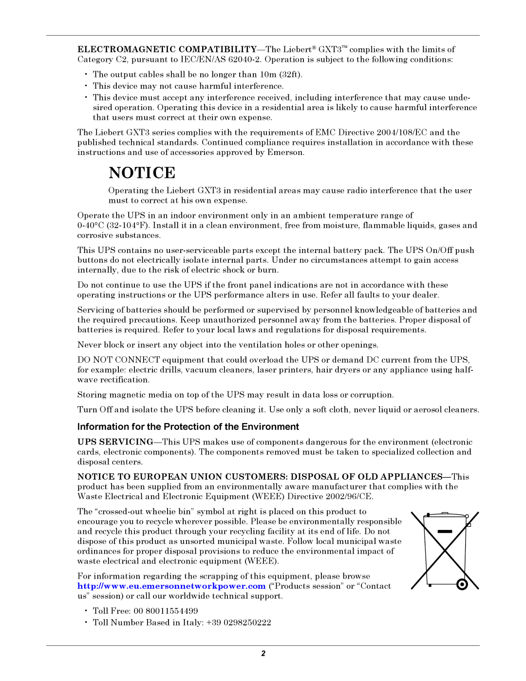 Emerson GXT3 230V user manual Information for the Protection of the Environment 