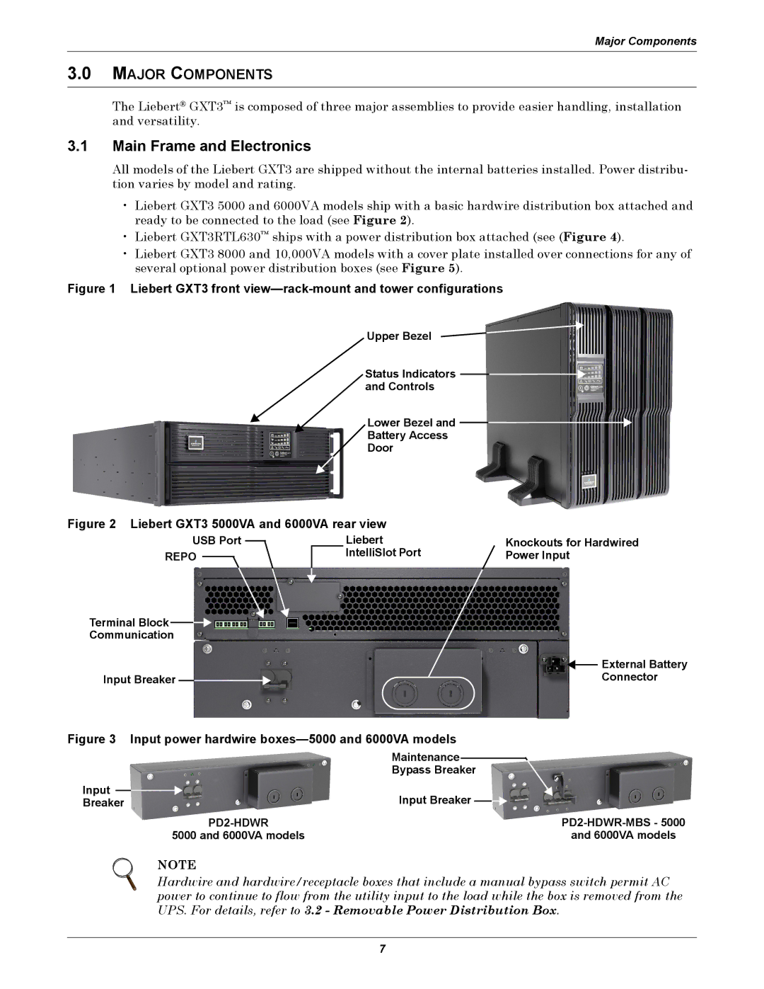 Emerson GXT3-6000RT208 user manual Main Frame and Electronics, Major Components, USB Port Liebert Knockouts for Hardwired 