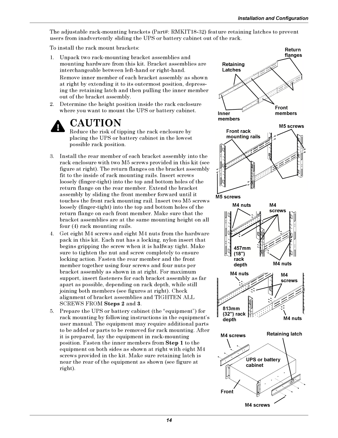 Emerson GXT3-6000RT208 user manual 813mm, Depth, Retaining latch, UPS or battery, Cabinet, Front M4 screws 