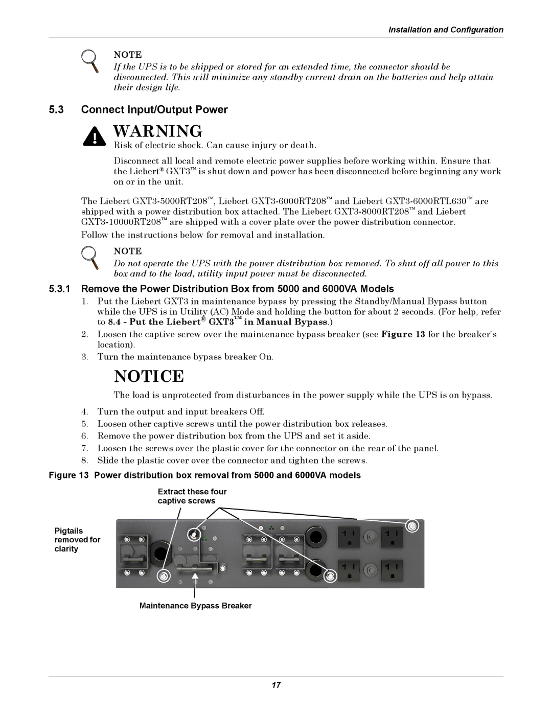 Emerson GXT3-6000RT208 user manual Connect Input/Output Power, Power distribution box removal from 5000 and 6000VA models 