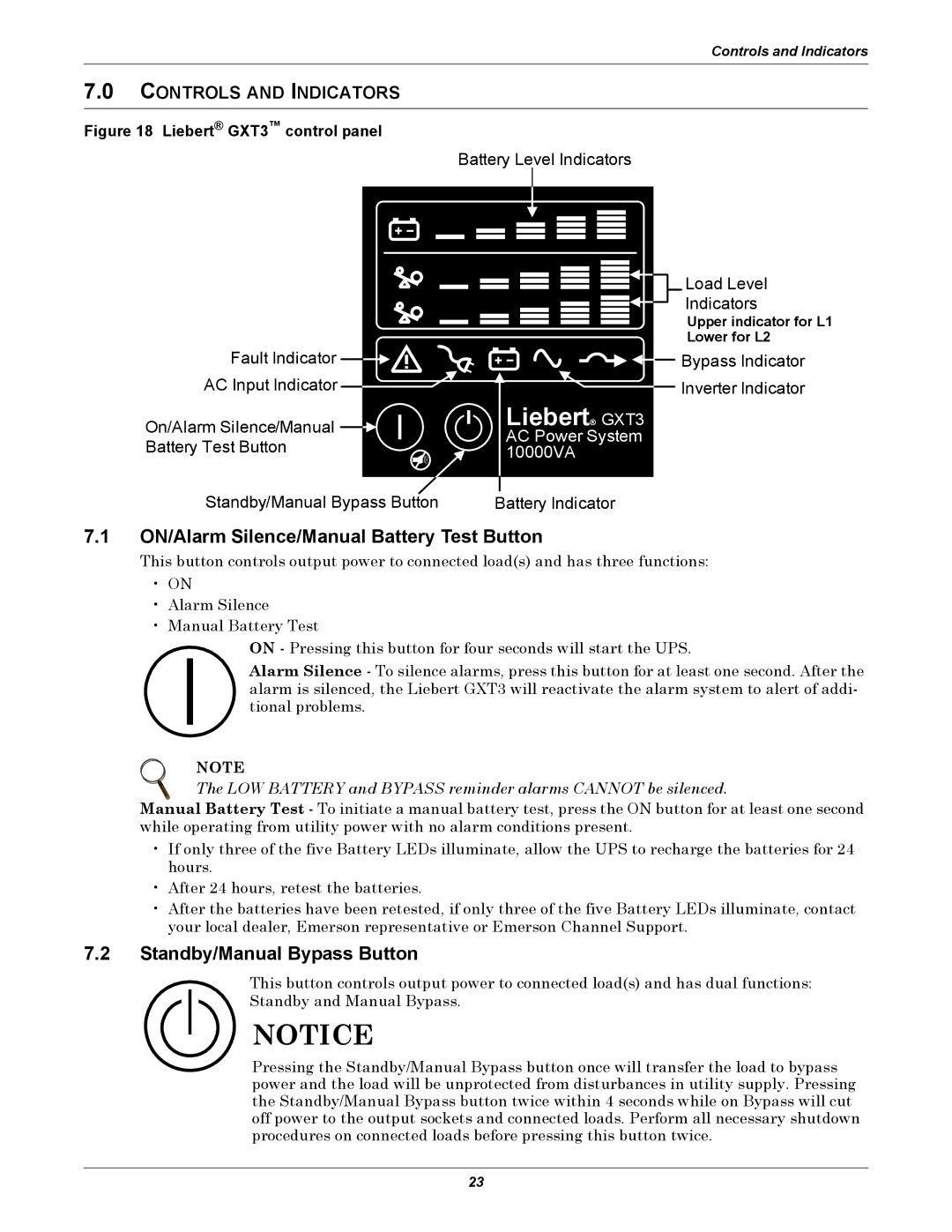 Emerson GXT3-6000RT208 ON/Alarm Silence/Manual Battery Test Button, Standby/Manual Bypass Button, Controls and Indicators 