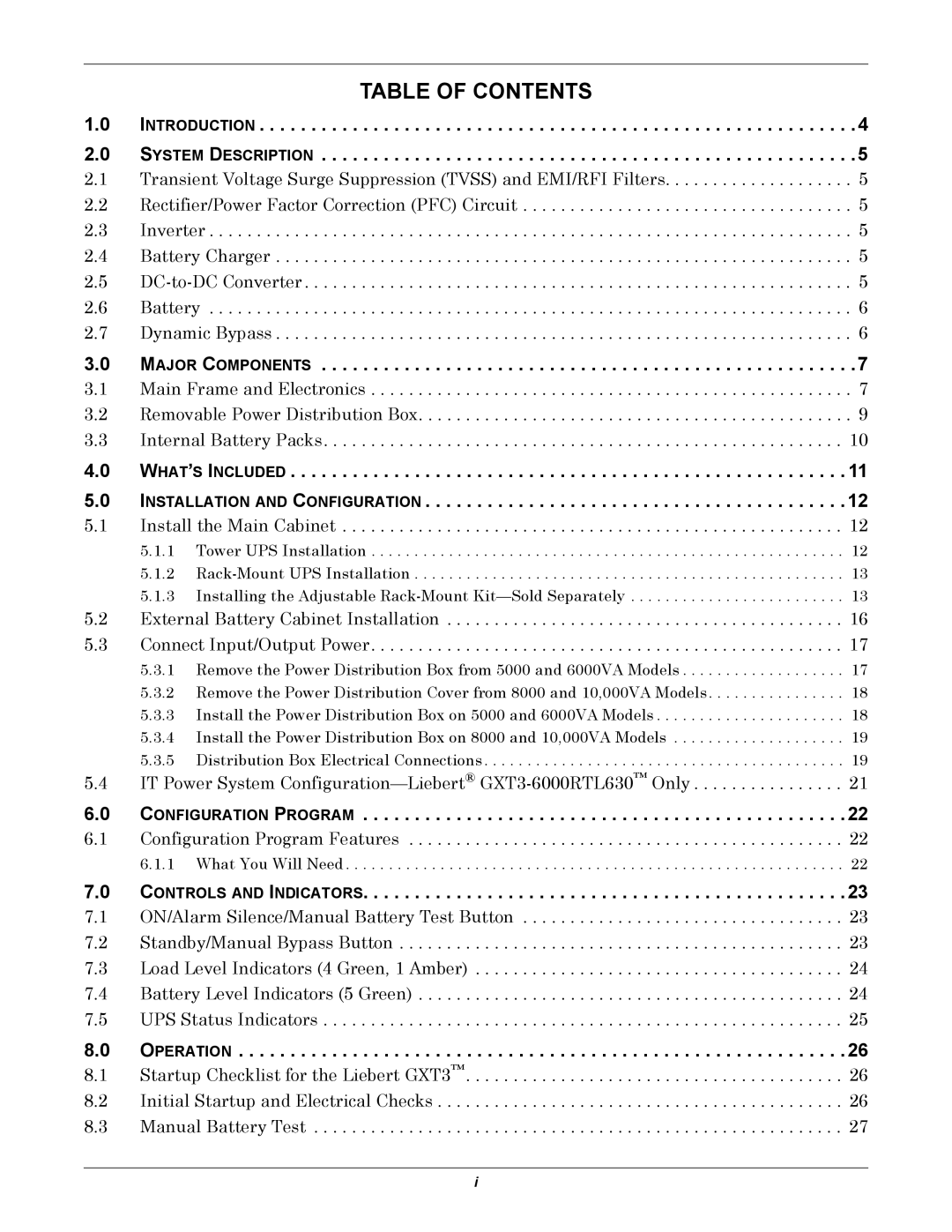 Emerson GXT3-6000RT208 user manual Table of Contents 