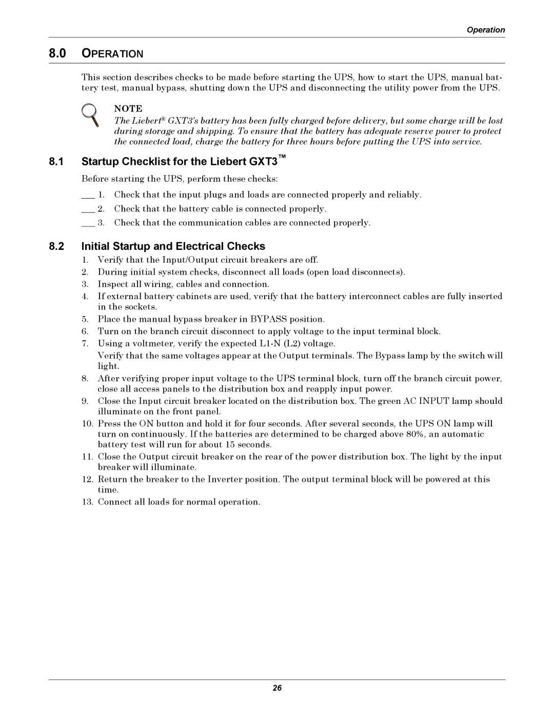 Emerson GXT3-6000RT208 user manual Startup Checklist for the Liebert GXT3, Initial Startup and Electrical Checks, Operation 