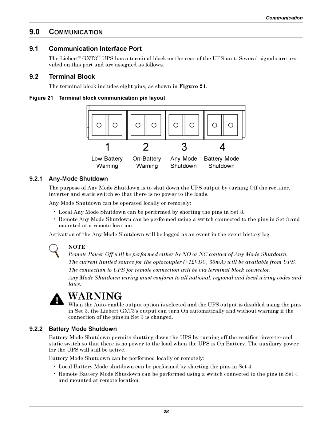 Emerson GXT3-6000RT208 user manual Communication Interface Port, Terminal Block, Any-Mode Shutdown, Battery Mode Shutdown 
