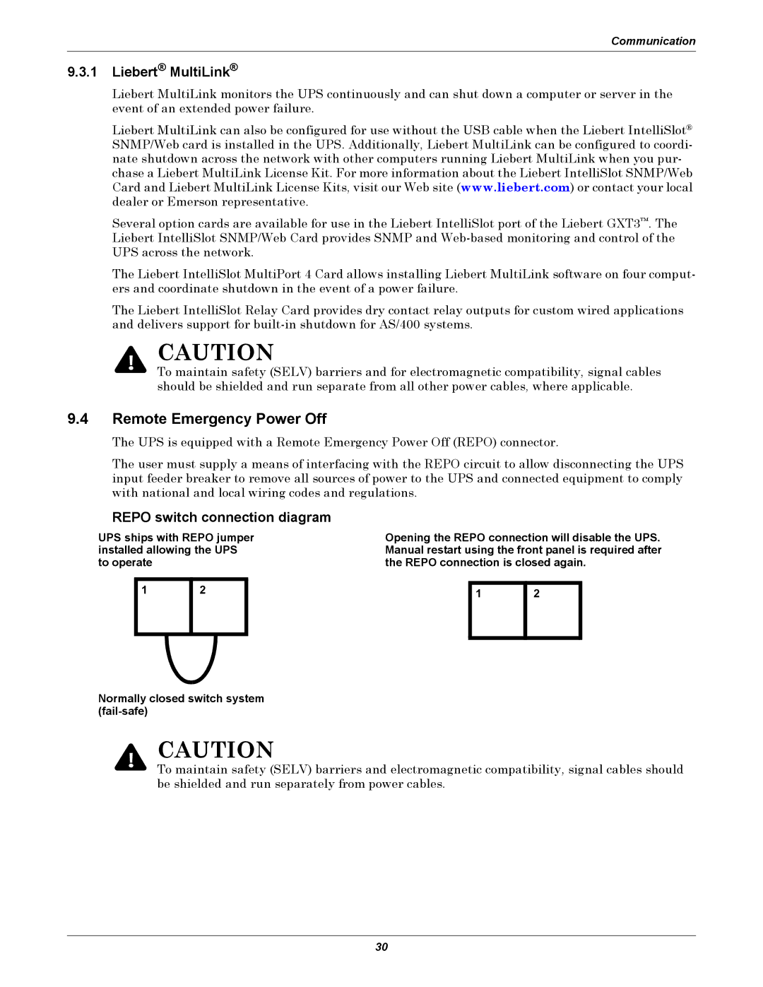 Emerson GXT3-6000RT208 user manual Remote Emergency Power Off, Liebert MultiLink, Repo switch connection diagram 