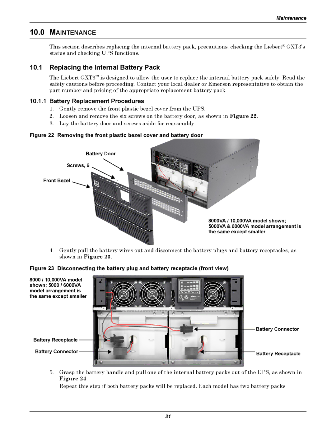 Emerson GXT3-6000RT208 user manual Replacing the Internal Battery Pack, Maintenance, Battery Replacement Procedures 