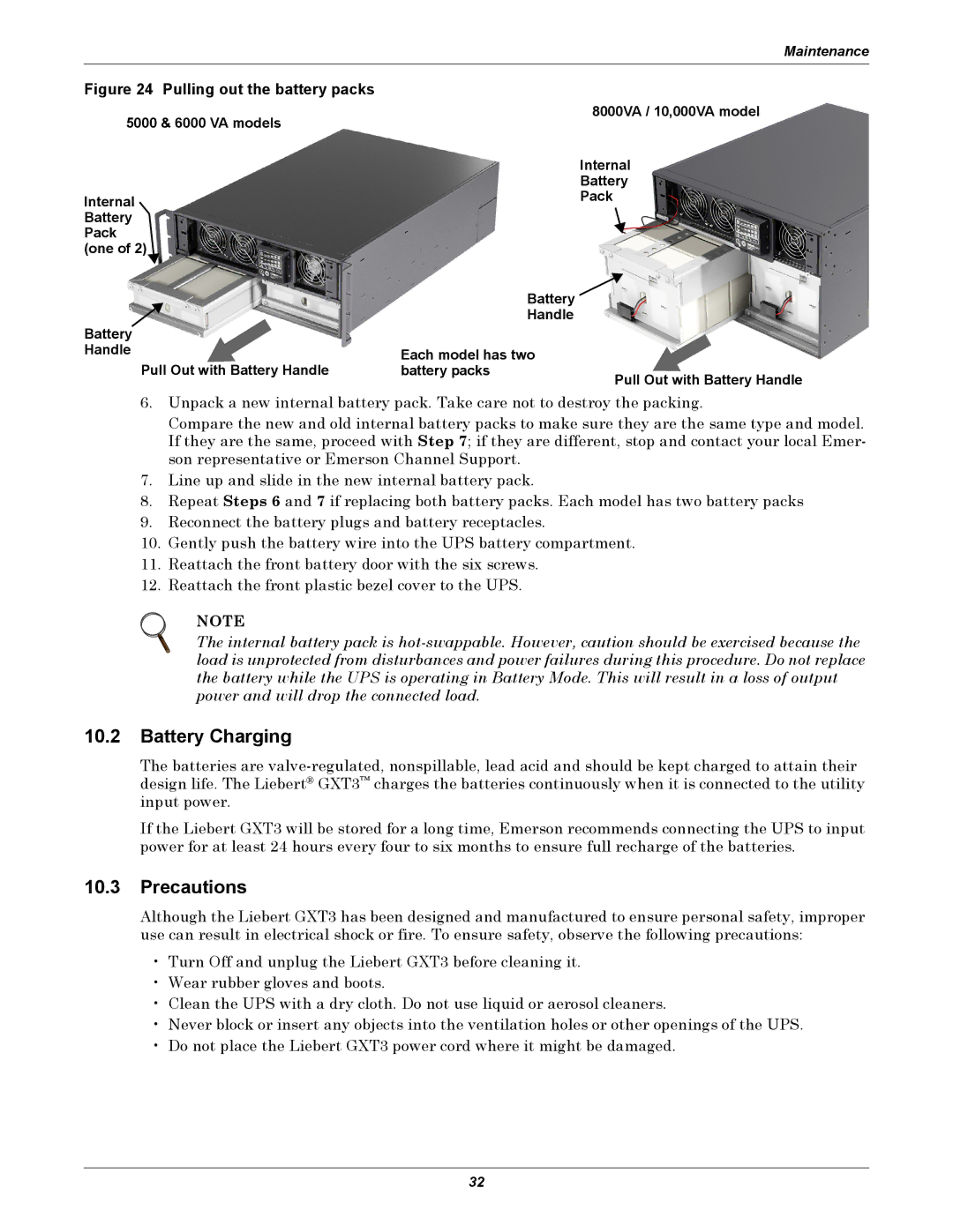 Emerson GXT3-6000RT208 user manual Battery Charging, Precautions 