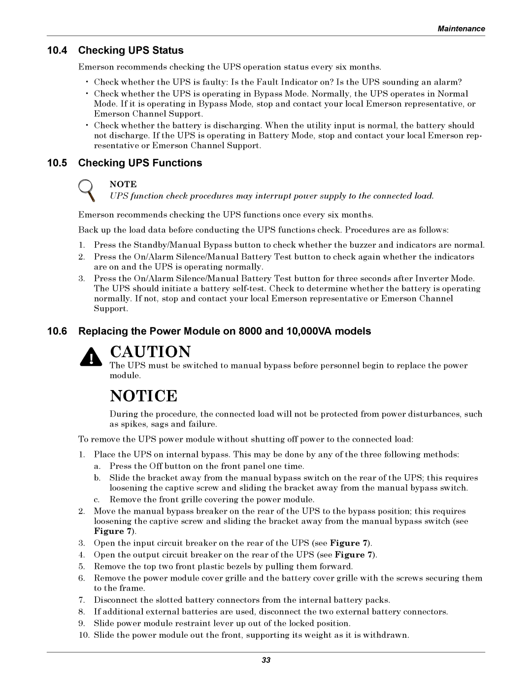 Emerson GXT3-6000RT208 Checking UPS Status, Checking UPS Functions, Replacing the Power Module on 8000 and 10,000VA models 