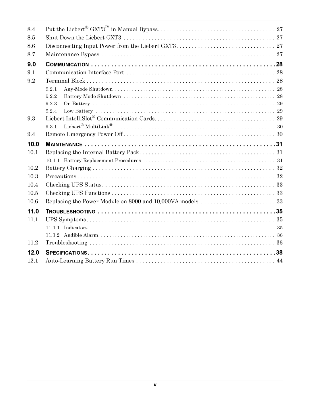 Emerson GXT3-6000RT208 user manual Maintenance, Specifications 