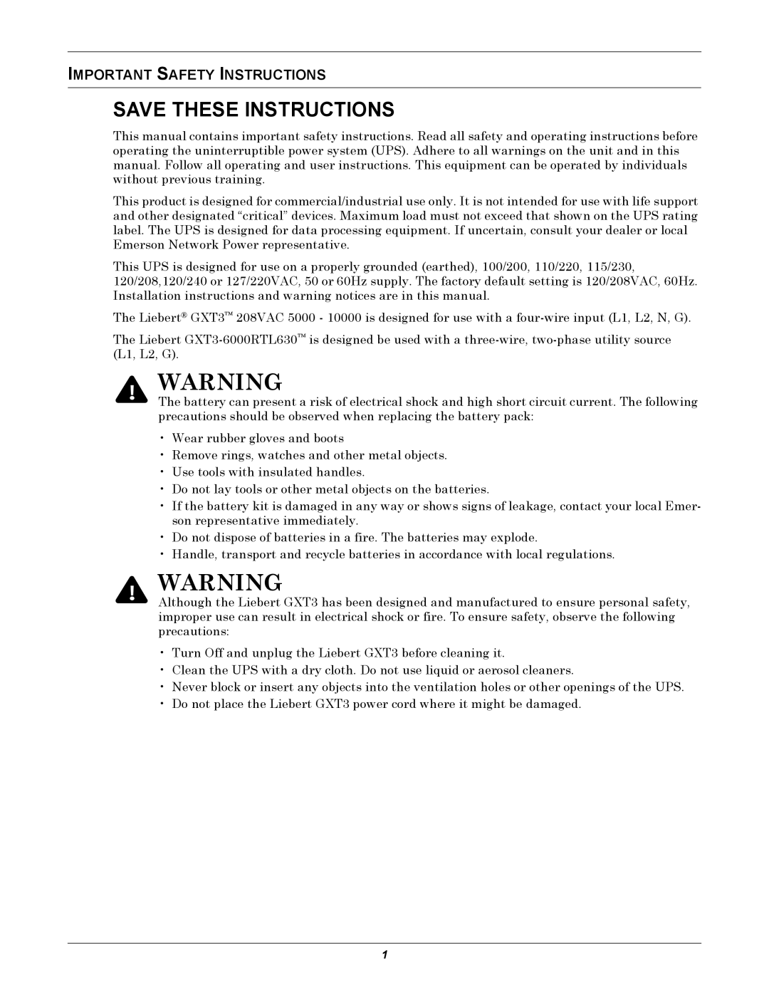 Emerson GXT3-6000RT208 user manual Important Safety Instructions 