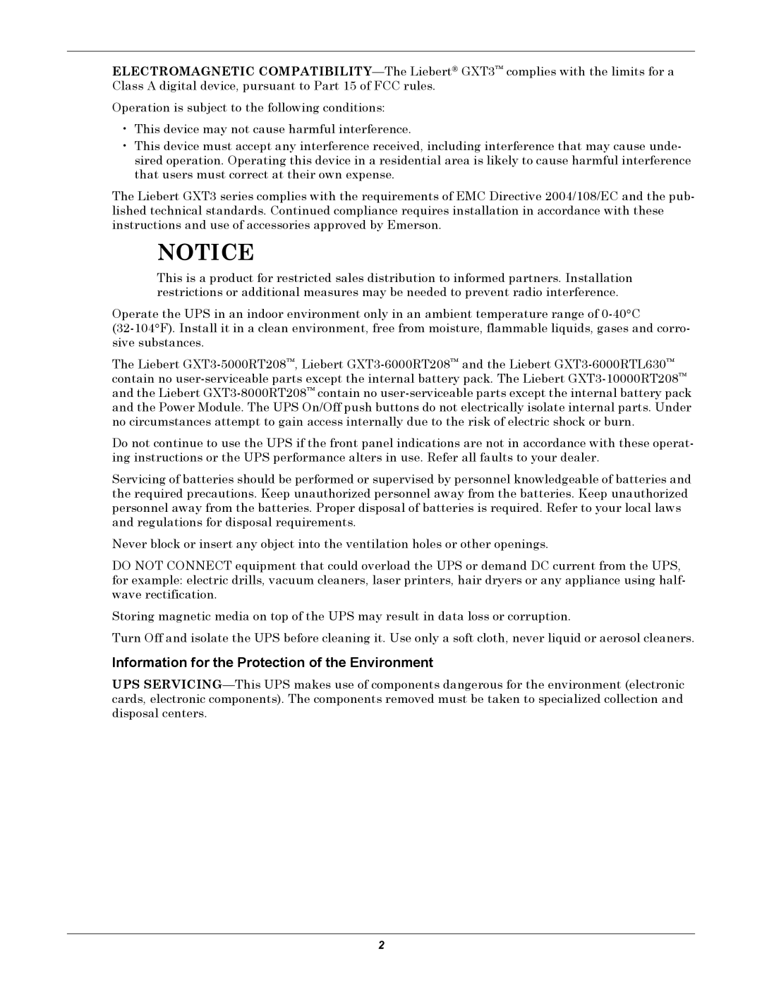 Emerson GXT3-6000RT208 user manual Information for the Protection of the Environment 